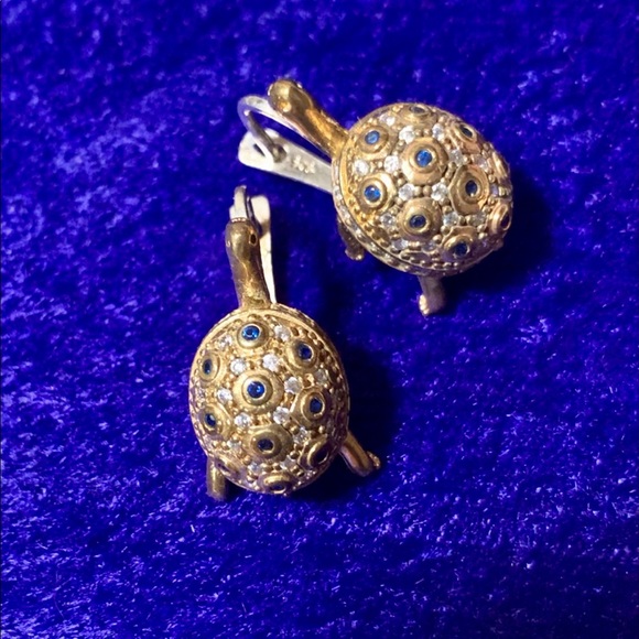 European Turtle Earrings Encrusted Sapphire Topaz - Picture 3 of 16